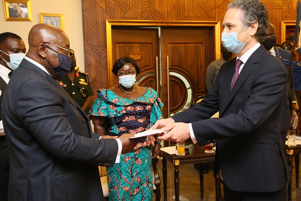 President Nana Addo Dankwa Akufo-Addo receiving letters of credence from Mr Gutierrez Blanco-Navarrete, Jose Javier, Spanish Ambassador to Ghana at the Jubilee House.