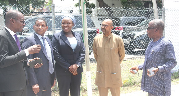 Roland Affail Monney (left) interacting with Abdourahamane Dialo (2nd from left), UNESCO Representative in Ghana; Fatimatu Abubakari (middle), a Deputy Minister of Information, Irchad Razaaly (2nd rom right), the EU Ambassador to Ghana, and Yaw Boadu-Ayeboafoh (right), Chairman, National Media Commission, after the Press Freedom Day celebration. Pictures: BENEDICT OBUOBI